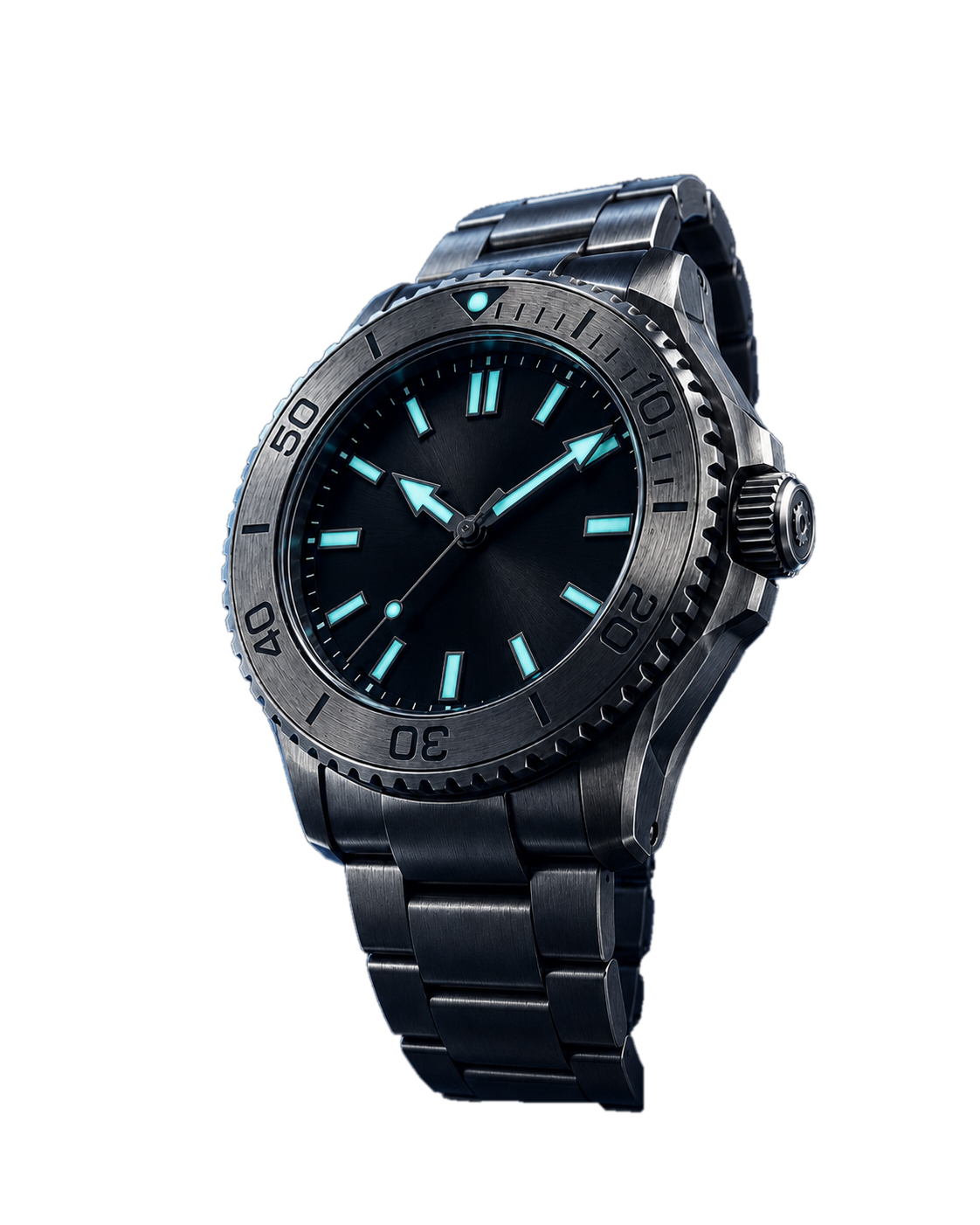 Abyss brushed titanium dive watch with a deep black dial and blue-green luminous markers